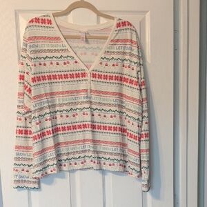 Women's V-Neck Holiday Fair Isle Sweatshirt - Cream & Red